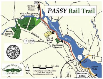A map showing the location of the planned rail trail (in red) in relation to three land preserves maintained by Coastal Mountains Land Trust. (Image courtesy of CMLT). The two large parcels at the northeastern end are separated from the trail by private property. (Image courtesy of Coastal Mountains Land Trust)