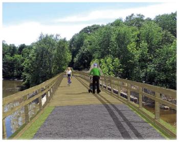 An artist’s rendering of the old railroad trestle near City Point as it would be converted for use by pedestrians, bikers and cross country skiers. (Image courtesy of Coastal Mountains Land Trust)