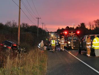 Cushing family escapes serious injury in early morning crash on Route 1 in Thomaston Tuesday. (Courtesy Rockland Fire Department/by Alan Athearn)