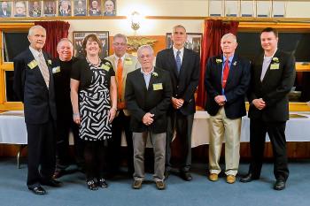 The Midcoast Sports Hall of Fame 2014 inductees, from left, front row, Dan Flanagan, Susan Ware Page, Doug Libby; back row, Rick Simonds, Terry Kenniston, Kevin Jenkins, Walt White and Mike MacDonald. (Photo by Ron Hawkes)