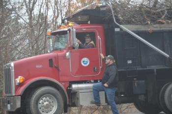 Camden Public Works on one of its many trips to the transfer station from cleaning up downed trees throughout town. (Photo by Lynda Clancy)