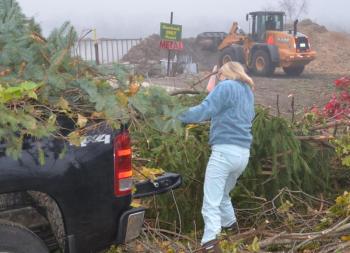 Lori Van Dusen, of Camden, throws brush she and her husband, Chris, cleaned from their yard onto the growing mountain of green debris at the Mid-Coast Solid Waste facility in Rockport, Nov. 12. In the background, a loader moves an endless pile of chips produced from the trees and branches into a waiting tractor-trailer, which will haul them to biomass boilers around the state. It’s a business transaction that, if the price is right, will allow the transfer station to just about break even. (Photo by Lynda Clancy)