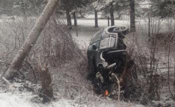 A car wrapped around a power pole on Route 17 today in Rockport, as driving conditions deteriorated. (Photo courtesy Rockport Fire Department)