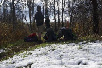 The first snow happened in Connecticut and caught us by surprise. Luckily it was just a light dusting the night before, and the first day of hiking with snow was warm, about 35 degrees, and pleasing to the eye. (Photo courtesy Devon Gordon)
