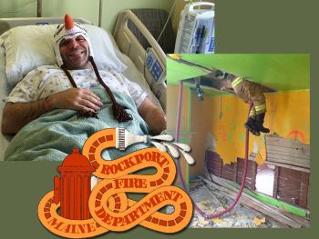 William ‘Billy’ Smith, a Rockport firefighter and Rockland Police officer, makes the best of his painful situation Monday in his room at Pen Bay Medical Center, where he is recovering from two lumbar spine fractures. Smith (not pictured in this photo) was training how to go through a hole in the ceiling, to get from a second floor to a first floor, when his foot became caught and he lost his grip and fell onto his back. (Photos by Holly S. Edwards/Jason Peasley)