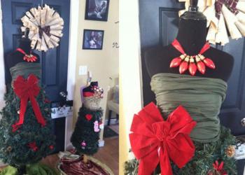 Mandie Goody Sawyer’s handmade mannequin Christmas trees, with a DIY wreath in the back she made from a Joy of Cooking cookbook. (Photos courtesy of Mandie Goody Sawyer)