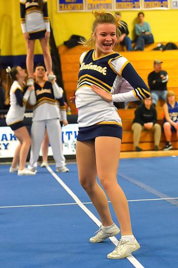 A scene from the Medomak Valley cheerleading team routine. (Photo by Ron Hawkes)