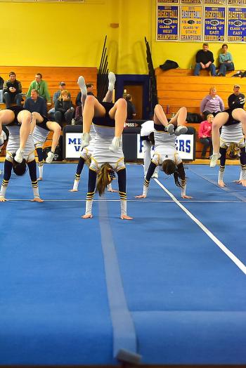 A scene from the Medomak Valley cheerleading team routine. (Photo by Ron Hawkes)