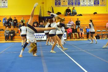 A scene from the Medomak Valley cheerleading team routine. (Photo by Ron Hawkes)