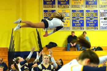 A scene from the Medomak Valley cheerleading team routine. (Photo by Ron Hawkes)