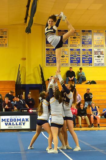 A scene from the Medomak Valley cheerleading team routine. (Photo by Ron Hawkes)