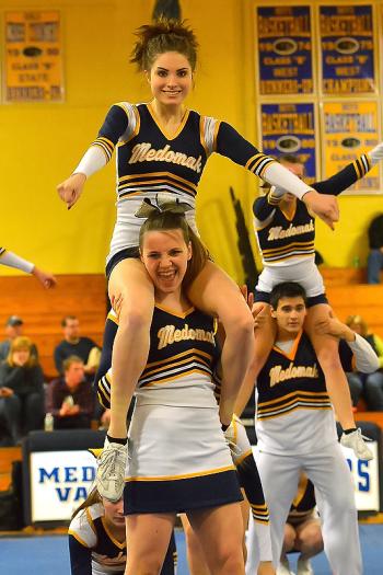 A scene from the Medomak Valley cheerleading team routine. (Photo by Ron Hawkes)