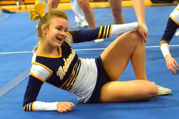 A scene from the Medomak Valley cheerleading team routine. (Photo by Ron Hawkes)