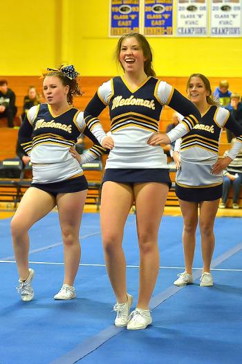 A scene from the Medomak Valley cheerleading team routine. (Photo by Ron Hawkes)