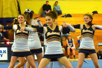 A scene from the Medomak Valley cheerleading team routine. (Photo by Ron Hawkes)