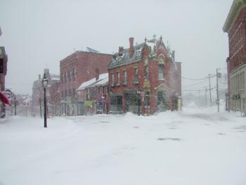 Post Office Square in Belfast on Tuesday afternoon, Jan. 27. Except for an army of plows and a few intrepid souls, downtown was mostly shut down for the blizzard. (Photo by Ethan Andrews)