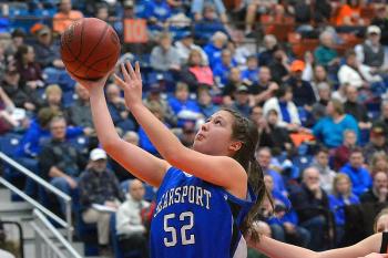 Searsport’s Melinda Ogden poured in a game high 21 points to lead the Vikings to a 49-35 win over No. 3 Forest Hills Tuesday at the Augusta Civic Center in quarterfinal action. (Photo By Ron Hawkes)