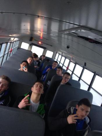 The Searsport boys basketball team on the bus Friday heading to Augusta prior to their date with the Hyde School. (Courtesy Searsport Vikings Basketball on Facebook)