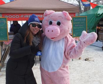 Melissa Dalinis and Missy Seekins, in costume, representing one of the many important sponsors, Camden National Bank, of the 25th U.S. National Toboggan Championships. #toboggannationals