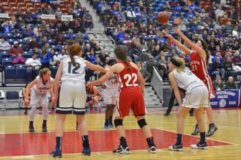 Vinalhaven’s Gilleyanne Davis-Oakes with the foul shot that gave the Vikings the 45-43 lead and the win Tuesday in quarterfinal action over Pine Tree Academy. (Photo by Ron Hawkes)