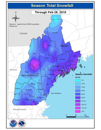 Snowfall amounts, Winter 2014-2015. (Graphic courtesy National Weather Service)