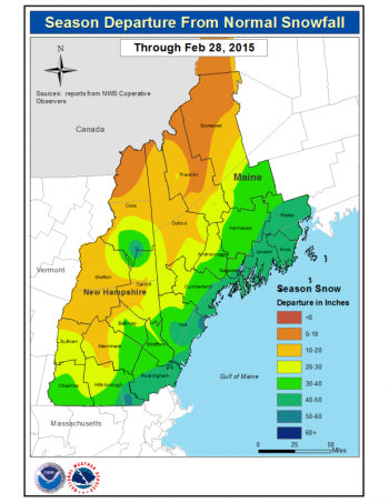 Winter 2014-2015 and its snowfall departure from average. The map illustrates how much the area’s snowfall was above average. (Graphic courtesy National Weather Service)