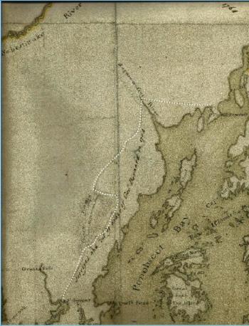 This map of the Midcoast shoreline shows the route taken by the English soldiers in cutting a road in 1764. (Image courtesy of Harbour Mitchell)
