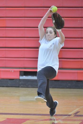 This Camden Hills freshman, Gillian Lafleche, will be a pitcher to contend with if early indications are anything. Good speed, good movement on the ball and accurate. (Photo by Ron Hawkes)