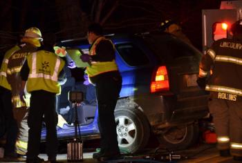 First responders work to extricate Priscilla Jones from her car following an accident on Route 52 in Lincolnville Tuesday night, March 31. (Photo by Lynda Clancy)