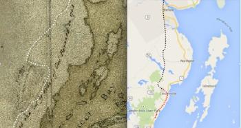 Putting the 1764 map next to the modern topographic map shows that the turn inland was right before Lincolnville Beach.
Image by Diane O’Brien map & topo