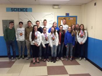 Team photo: (From left to right) Back row: Michael Samsel, Zane Bielenberg, Nolan Woods, Emery Dinsmore, Jordan Bickford (captain), Maylinda Boynton, Rick Wyman, Hannah Greene, and Jessica Clapp.
Front row: Katy King, Alison Walker, Kristina Walker, Dajaleen Charbonnier, Kaylen Ottman, and Alexis Racioppi.
Not pictured: Peter Spectre, Grace Bagley, Phillip Wich, and William Bickford.