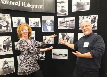 Kelly and Lincoln Bedrosian of National magazine display vintage fishing photos dating back to the 1940s. Out of Portland, Bedrosian said his magazine has file cabinets full of photos of the marine industry. (Photos by Chris Wolf)