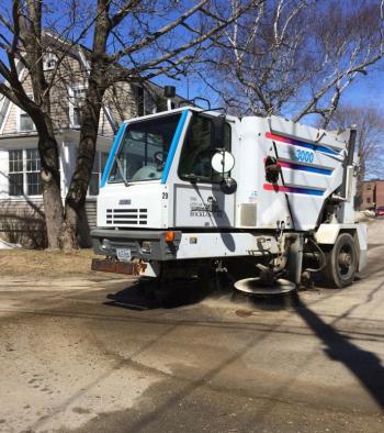 Rockland’s Public Services crews are working hard to remove sand and debris from city streets before melting snow carries the winter grime to the water treatment plant. rockland, street sweeper