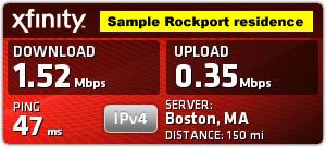 The rates of transmission in one Rockport home, hooked to the Internet via telephone wire and Ethernet cable to router/modem.