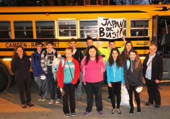 Students and their chaperones board the 5 a.m. bus at the Camden-Rockport Middle School to begin their trip to Japan. From left to right: Devon Lammert, Sol Caponigro, Miranda Marsh, Connor O’Farrell, Hope Bifulco,
Henry Chamberlin, Maddie Winslow, Jon Heath, Maddie Holt and Rebecca Cox. Chaperones: Left - Ruth Poland, Right - Beth York