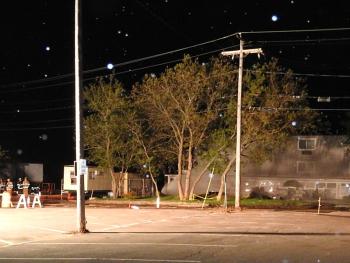 A water fog stream is used to disperse propane vapors behind the Trade Winds Motor Inn downtown in Rockland Sunday night. (Courtesy Rockland Fire Department)