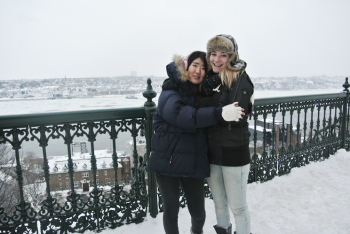 International student Minjung Kim and Watershed student Lilian Hohmann enjoy the annual Quebec trip. (Photo courtesy Watershed School)