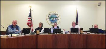 Camden Select Board at Tuesday night’s meeting, from left, Don White, Leonard Lookner, chairman Martin Cates, John French and Jim Heard. (Photo by Chris Wolf)