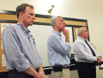From left, Camden Snow Bowl General Manager Landon Fake, Gartley and Dorsky President Will Gartley and Ledgewood President Peter J. Pelletier appear before the Camden Select Board May 19 to talk about Phase 2 of the Ragged Mountain Redevelopment Project, due to start Tuesday, May 26, the day after Memorial Day. (Photo by Chris Wolf)