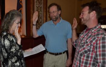 Rockport Town Clerk Linda Greenlaw swears in Ken McKinley and Owen Casas to the Rockport Select Board June 10 at annual Town Meeting.
