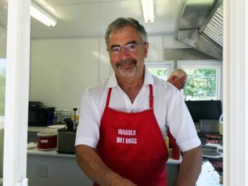 Keith Wass in his new hot dog stand in Damariscotta. He has been selling his famous hot dogs since 1972. SUZI THAYER/Boothbay Register