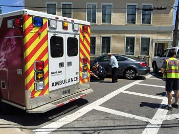 Berylann Johnson of Lincolnville was turning left, from Mechanic Street onto Washington Street, when her car hit and knocked down a pedestrian Monday around noon. (Photo by Holly S. Edwards)