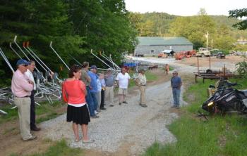 The Camden Select Board joins Snow Bowl crew to look over the state of affairs at the bottom of the mountain, July 13. (Photo by Lynda Clancy)