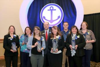 This year’s Camden National employee award recipients with Greg Dufour, president and chief executive officer of Camden National Bank, at the company’s Employee Appreciation Event in Bangor. Pictured left to right: Kim Ratner, Trenna Bragg, Olivia Seibel, Dufour, Tiffani Davis, Josh Wing, Samantha Helander, and Angela Bishop.