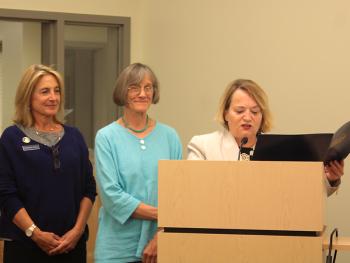 From left, Rep. Christine Burstein (D-Lincolnville), Lincolnville resident Lois Lyman and Dorothy Havey, special assistant, Office of the Senate President. (Photo by Holly S. Edwards)