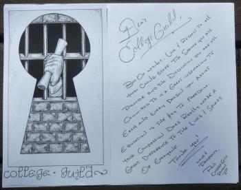 The symbol used by College Guild was designed by Paul, a College Guild student. The note included reads: ‘Dear College Guild, Best of wishes, love & respect to all your caring staff. The service you all provide and the dedication you are all committed to is a great inspiration to each and every person you assist. Education is the key to freedom. Your compassion does really make a difference to the lives and spirits of everyone. Thank you!! Love & Prosperity, Paul - College Guild Student.‘