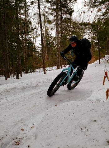 The tires on a fat bike, so named because the tires really are fat, can really help you carve your way without washing out. (Photo by Blaine Curtis)