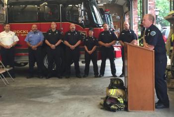 Rockland firefighters remember, at the station, on Sept. 11. From left to right: Acting Fire Chief Adam Miceli with Lt. Rick Johnson, Brian Sullivan, Katy Vanorse, Rusty Barnard, Pat Lowe and Chris Whytock. (Photo by Lynda Clancy)