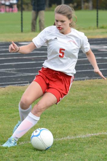 Camden Hills Bryn Anderson gets control of the ball during the varsity girls soccer game. (Photo by Ron Hawkes)