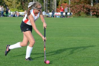 Camden Hills Megan Gordan carries the ball up the field during Wednesday’s game. (Photo by Ron Hawkes)
